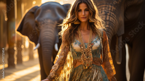 Picture a chic elephant in a flowing silk sarong, adorned with intricate patterns and golden bangles. Against a backdrop of Indian palaces, it exudes regal elegance and cultural richness. Mood: majest