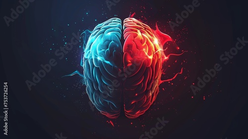 A vector graphic illustrates the concept of consciousness with a depiction of the left and right brain. This image symbolizes the duality and interconnectedness of cognitive functions photo