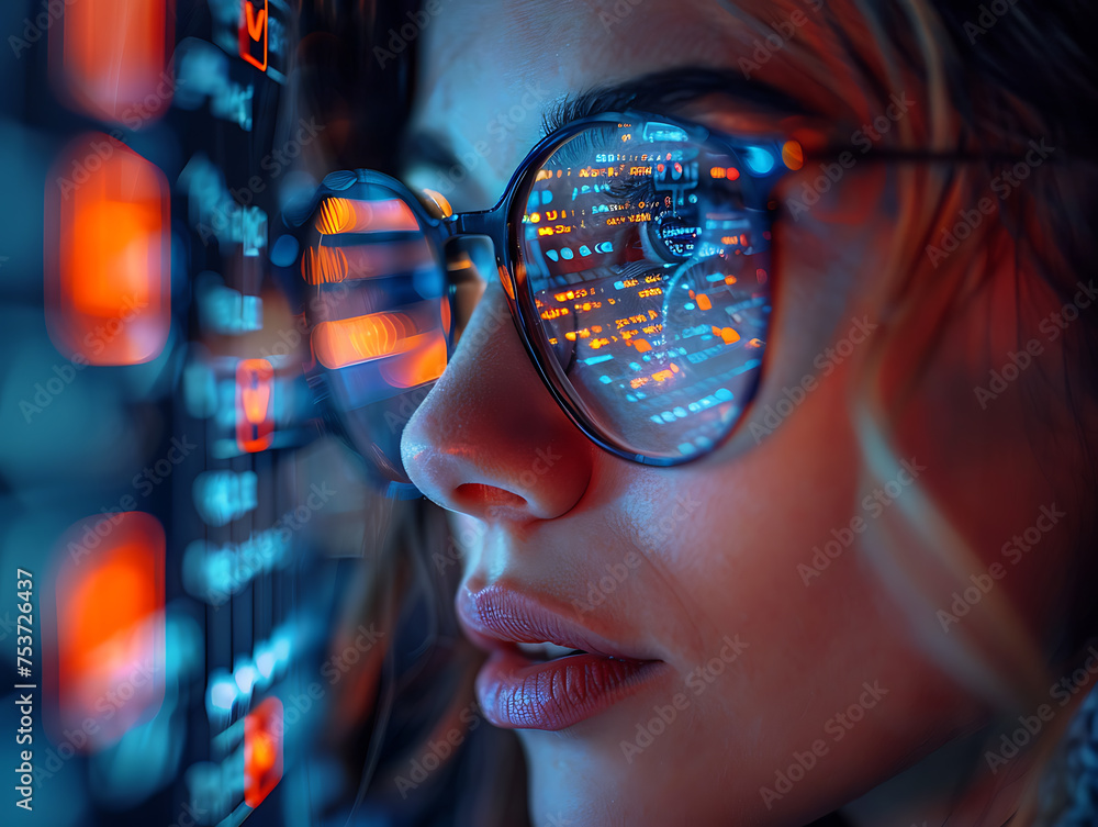 Close-up of Eyes and Glasses with Tech Reflection, Cyber Security Concept Close-up of Eyes and Glasses with Tech Reflection, Cyber Security Concept