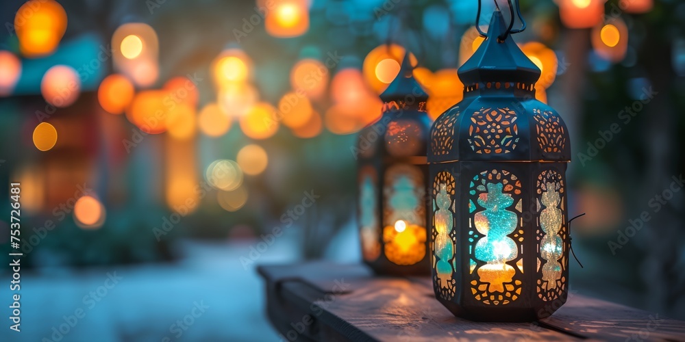 Arabic Ramadan lantern, greeting Eid Mubarak card for Muslim Holidays - obrazy, fototapety, plakaty 