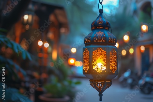 Arabic Ramadan lantern, greeting Eid Mubarak card for Muslim Holidays