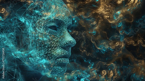 Background for the Frame of Mind series features a human face wire-frame and fractal elements. Ideal for projects exploring mind, reason, thought, mental prowess, and mystic consciousness