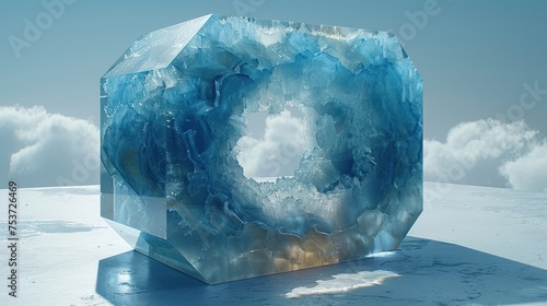 a large ice cube sitting on top of a snow covered ground in the middle of a sky filled with clouds. photo