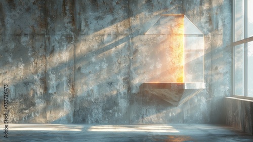 a room with a concrete wall and a window with a bright light coming out of the window and onto the floor. photo