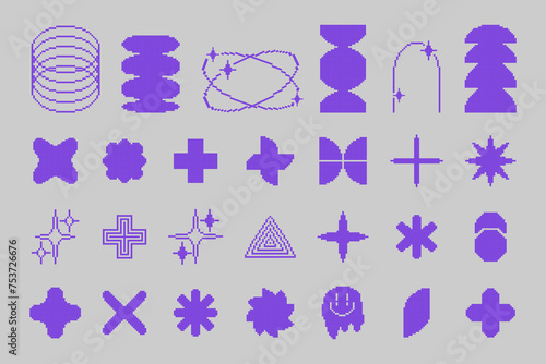 Set of abstract retro geometric shapes pixel art.8-bit, brutal contemporary figure star oval flower and other primitive elements.Vibrant colors monochrome style . Vector illustration EPS 10