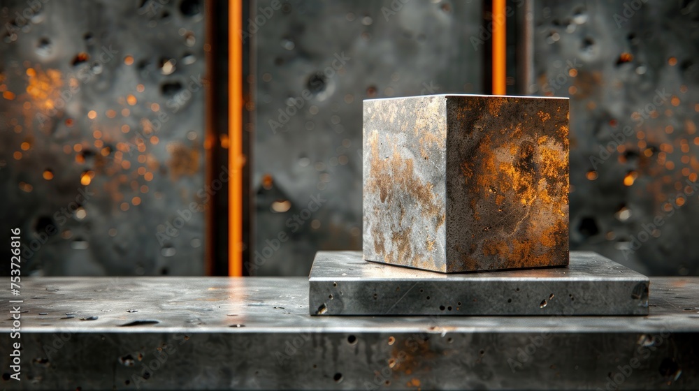 a block of metal sitting on top of a metal table next to a wall with orange lights in the background. a block of metal sitting on top of a metal table next to a wall with orange lights in the background.