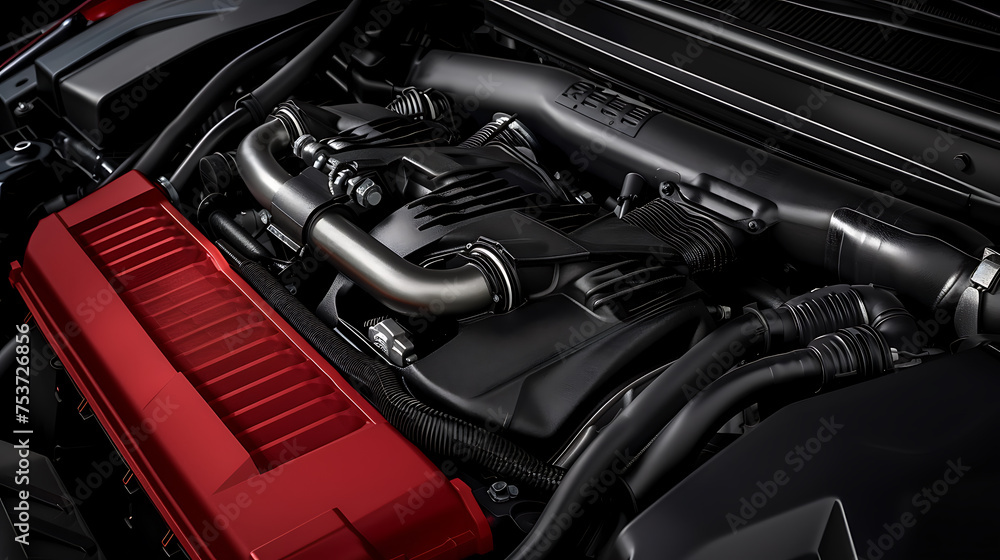 Closeup of a redcovered engine in a luxury car with electric blue exterior
