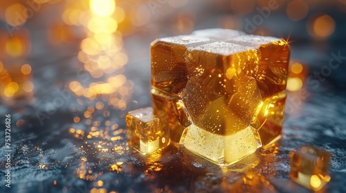 a close up of a cube of ice with gold flecks on a blue surface with bright lights in the background. photo