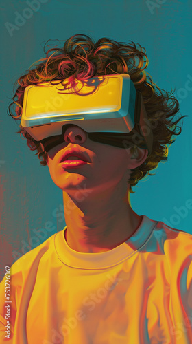 Illustration of a young guy wearing vr glasses. Sun is shining on his glasses. AI Generated