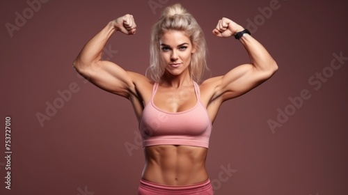 Portrait of a Young Caucasian blonde fitness woman showing off her toned Arms, muscles, Biceps, Triceps, Abs on a brown and pink background. Sports, Bodybuilding, Crossfit, Energy, Workouts, Healthy.