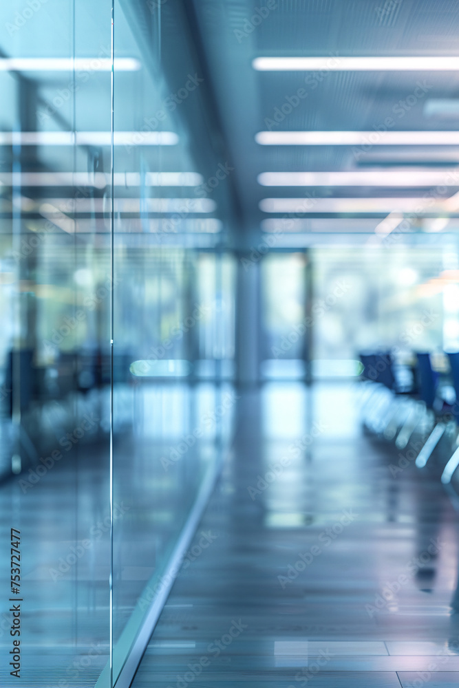 Abstract blurry background of a contemporary executive meeting room with a large table and glass walls for business concepts. Use for background in business concept. Blur corporate business office.