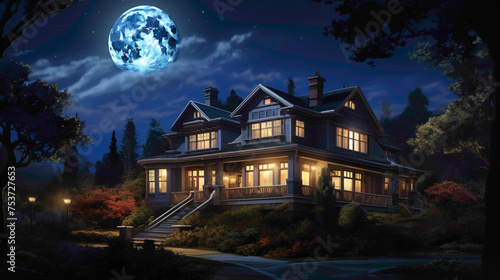 Moonlit majesty an aerial view captures the elegance of a traditional craftsman house, its deep mahogany fa? section ade bathed in celestial light.
