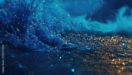 Glitter fluid abstract background. Ink water. Sea wave. Blue color shimmering glowing grain dust mist texture liquid paint splash
