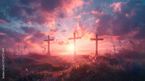 Three crosses at sunset in a serene field, symbolic christian imagery, inspirational religious landscape. AI