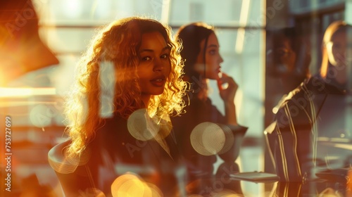 A group of diverse, confident, women working together, smiling, in an office, business environment