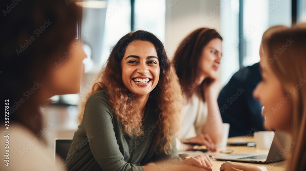 A group of diverse, confident, women working together, smiling, in an office, business environment A group of diverse, confident, women working together, smiling, in an office, business environment