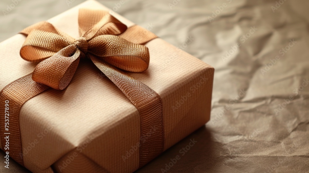 a close up of a wrapped present box with a bow on a sheet of brown paper on top of a table. a close up of a wrapped present box with a bow on a sheet of brown paper on top of a table.