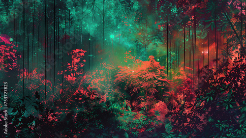 Electric forest with digital flora in emerald and ruby, under a matrix sky