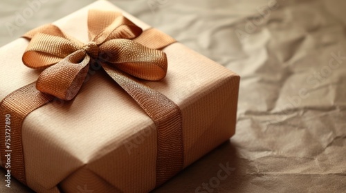 a close up of a wrapped present box with a bow on a sheet of brown paper on top of a table.