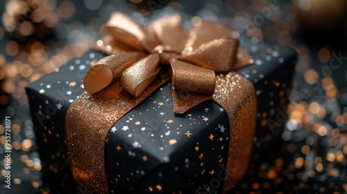 a close up of a black present box with a gold ribbon and a bow on the top of the box.