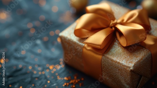 a close up of a present box with a gold bow on a blue surface with christmas ornaments in the background. photo