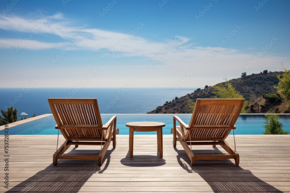 Wooden deck chairs on the terrace of a luxury house with sea view, empty wood chair and table at the outdoor patio with beautiful tropical beach, Ai Generated