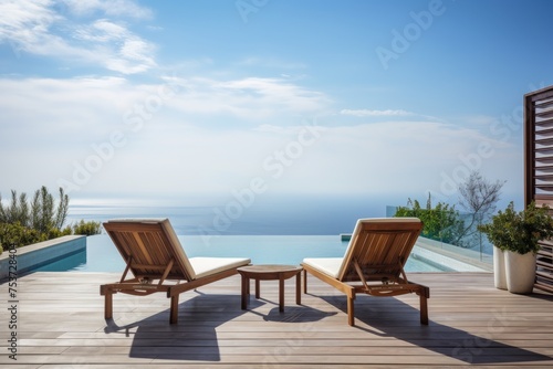 Wooden deck chairs on the terrace of a luxury house with sea view, empty wood chair and table at the outdoor patio with beautiful tropical beach, Ai Generated © Tanu