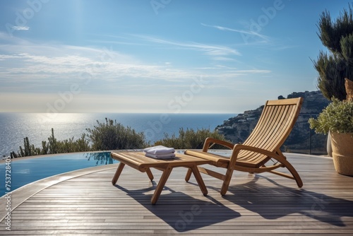 Wooden deck chairs on the terrace of a luxury house with sea view, empty wood chair and table at the outdoor patio with beautiful tropical beach, Ai Generated