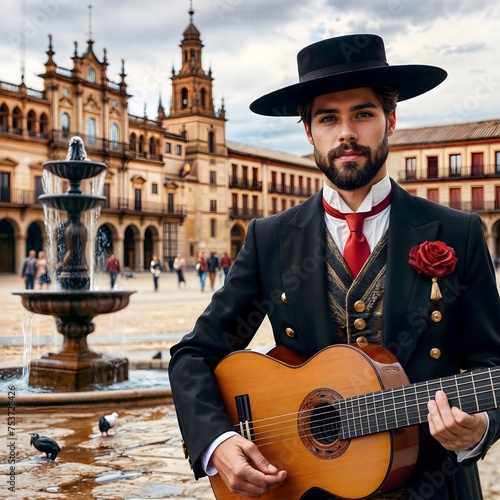 spanish man wearin tractional folklore clothes and hat playing  spanish guitar photo