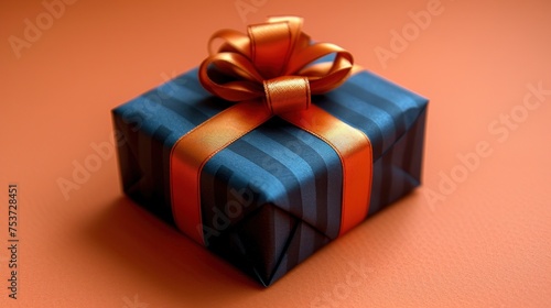 a blue gift box with a bow on top of it on a pink surface with an orange ribbon on the top of the box. photo