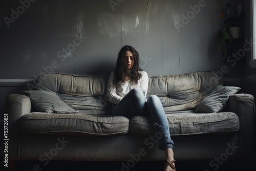 Thoughtful young woman sitting on the couch. Symbolic image for loneliness