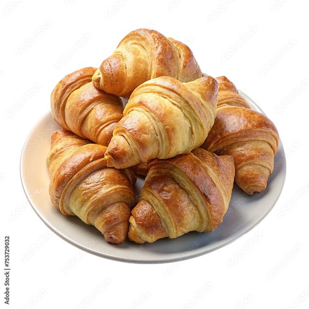 Freshly baked croissants on a plate isolated on transparent background
