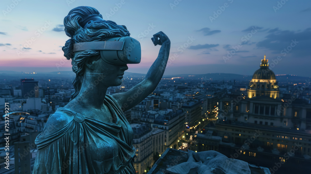 Metropolitan Dusk Selfie, Greek statue captures modernity, Ancient grace meets digital age - obrazy, fototapety, plakaty 