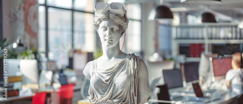 Tech Muse in Startup Space, Greek statue with VR in modern office, Innovation symbol © Gasi