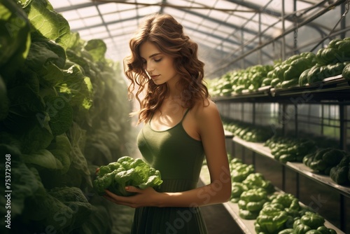 Young woman holding a salad in the middle of a greenhouse

