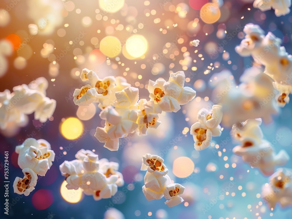 A vibrant burst of popcorn mid air with a bokeh of lights behind conjuring the lively spirit of a fun filled cinema experience A vibrant burst of popcorn mid air with a bokeh of lights behind conjuring the lively spirit of a fun filled cinema experience