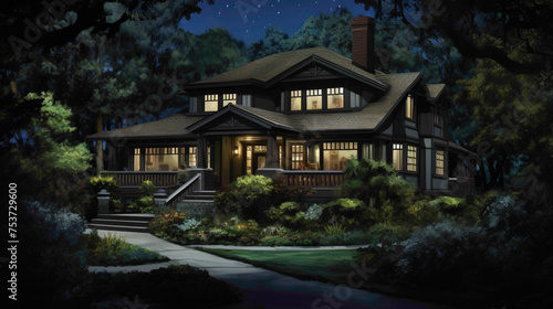 Moonlit tranquility an aerial perspective captures the understated beauty of a classic craftsman home, its deep mahogany exterior illuminated by the moon's soft glow.