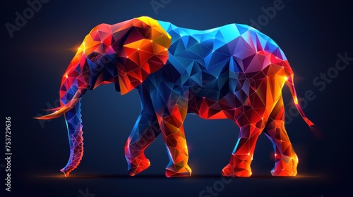 a colorful elephant made up of triangles on a dark background with a bright light coming out of the elephant's trunk.
