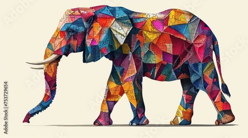 a multicolored elephant is standing in the middle of a picture with it's trunk in the air.