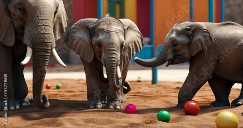 Craft an ultra-realistic image of a specially designed playground for baby elephants, featuring them playing with various balls. Capture the details of the playful interactions-AI Generative