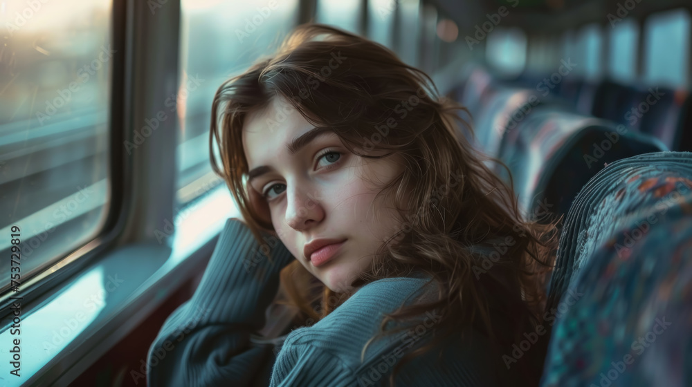 Young Woman on Train Portrait, Soft Lighting, Reflective Mood