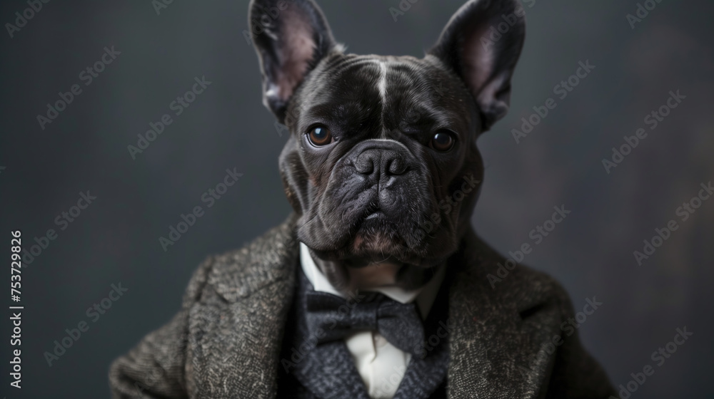 Cute French Bulldog wearing a suit with a dark background