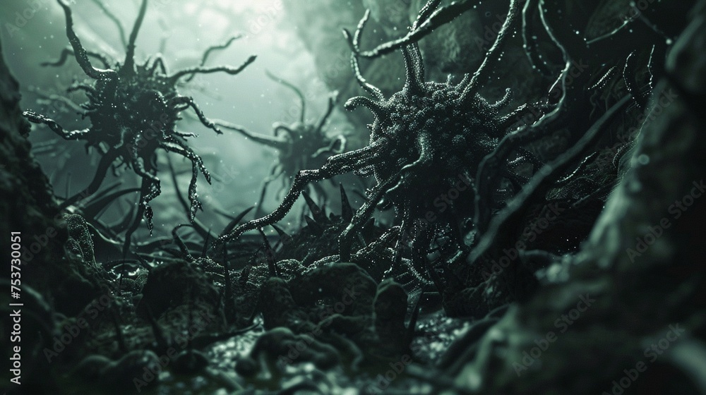 An eerie fear bacterium underwater scene with dark, alien-like organisms featuring tentacle structures, creating a sense of mystery and organic life from an unknown world. An eerie fear bacterium underwater scene with dark, alien-like organisms featuring tentacle structures, creating a sense of mystery and organic life from an unknown world.
