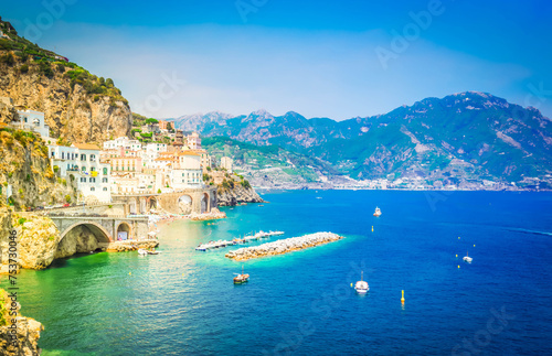 Amalfi summer coast and Tyrrhenian sea with boats, Italy