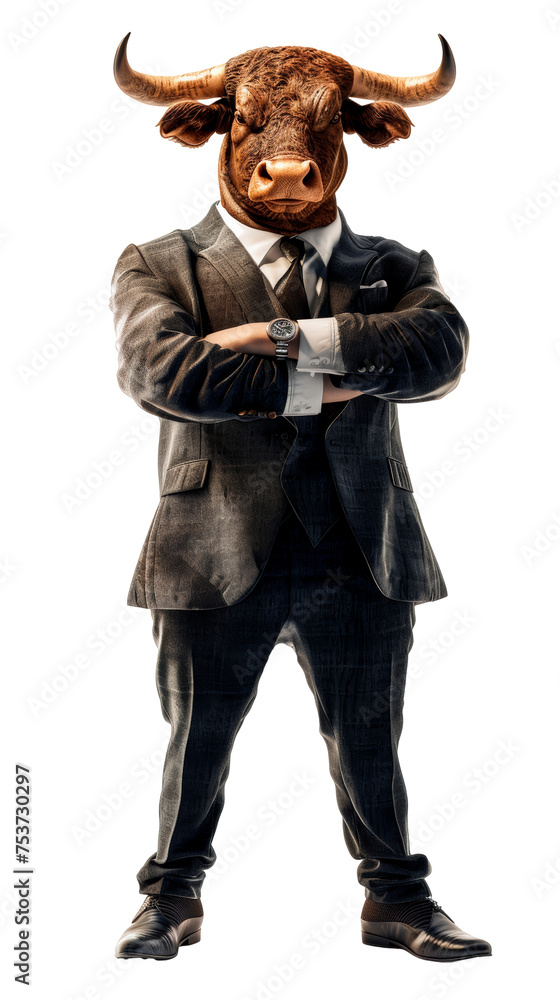 Sophisticated Bull Character in Business Attire Standing With Crossed Arms - Cut out, Transparent Background Sophisticated Bull Character in Business Attire Standing With Crossed Arms - Cut out, Transparent Background