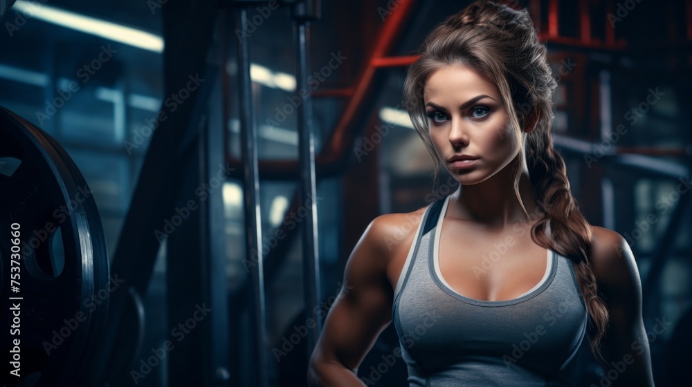 Portrait of a Young fitness woman looking at the camera in the gym. Beautiful slim figure, Sports, Bodybuilding, Crossfit, Workouts, Weightlifting, Physical education, Healthy lifestyle concepts.