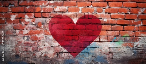 Textured Old Brick Wall with Heart Shape Painted on Weathered Surface Aged Brickwall in Red Grunge Background with Abstract Design Element and Space for Text