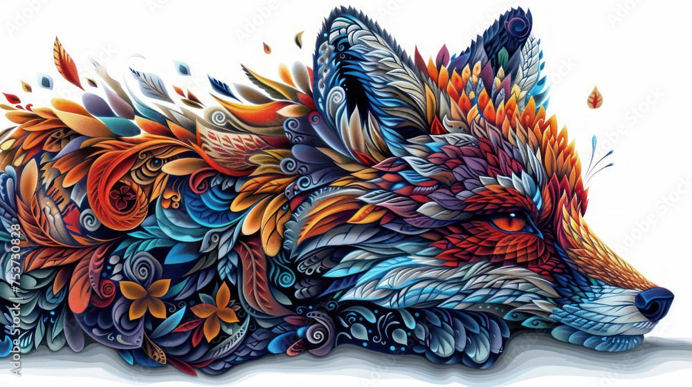 a colorful drawing of a wolf's head with feathers on it's head and feathers on it's back.