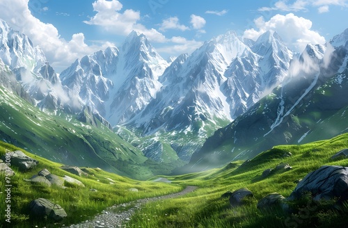 A stunning hyperrealistic shot of Zansak Mothra Valley, showcasing green hills, snowcapped mountains, and clear skies in a National Geographic style.
