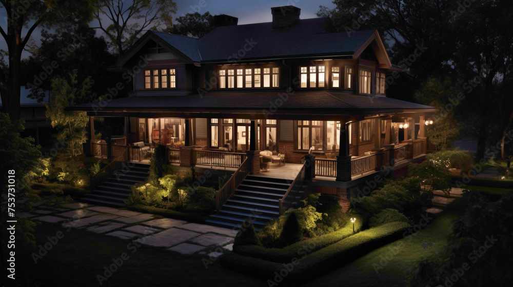Nighttime elegance an aerial perspective showcases the timeless appeal of a classic craftsman house, its deep mahogany exterior illuminated by moonlight.